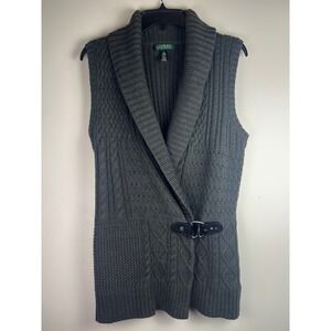 Lauren Ralph Lauren Women's L Gray Cable Knit Shawl Collar Buckle Vest Sweater